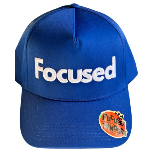 “Focused” blue/white stitch 5 panel hat