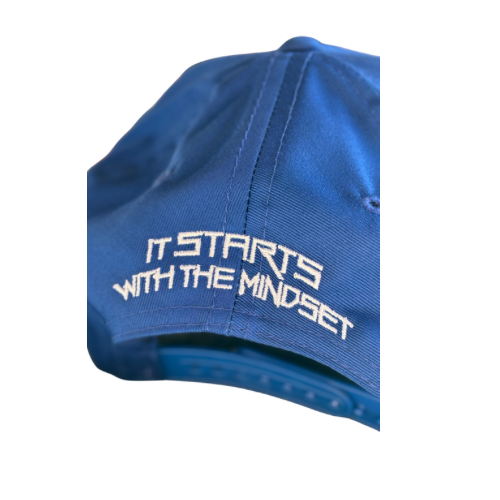 “Focused” blue/white stitch 5 panel hat